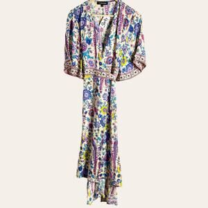 Fashion Fuse Cream Floral Bird Print Short Sleeve Wrap Midi Dress Size Small